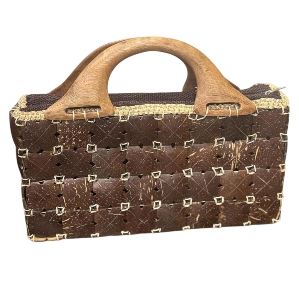 Handmade Coconut Shell Tile Handbag Dark Brown Wooden Handle‎ Boho Bag